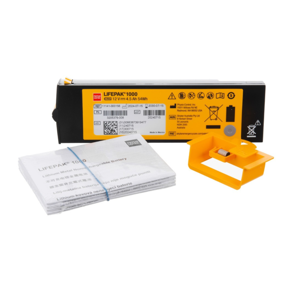 LIFEPAK 1000 battery replacement kit with battery, orange discharger cap and instructions