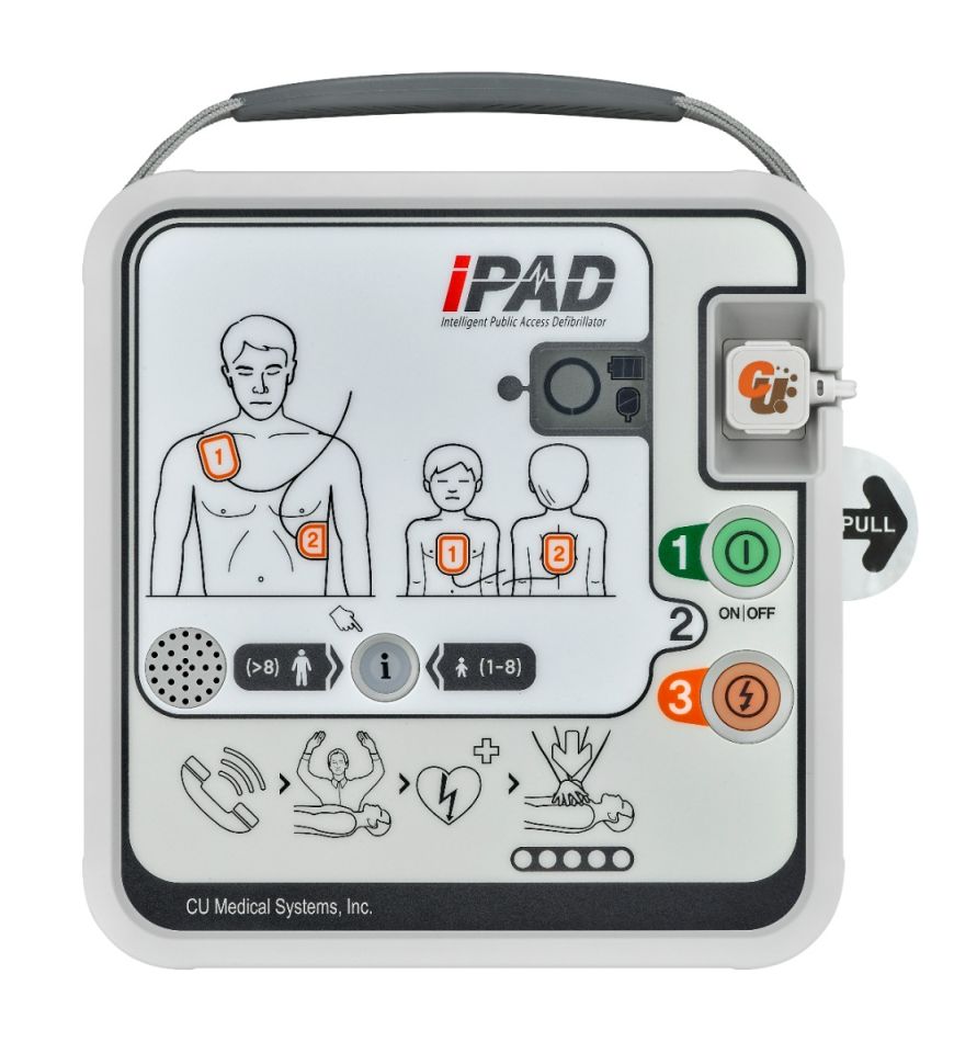 The image displays an IPAD SPR Semi-Automatic Defibrillator from CU Medical Systems, Inc. This defibrillator features a clear and straightforward design for emergency use. It has a large visual instruction panel depicting a man and a child, each with numb