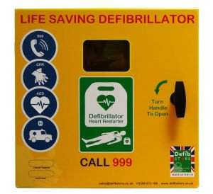 Defib Store 1000 Stainless Steel Defibrillator Cabinet - Unlocked with Heater and LED Light - Yellow