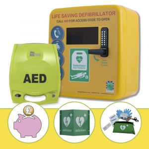 Zoll AED Plus semi automatic defibrillator with Defib Store 4000 yellow locked cabinet
