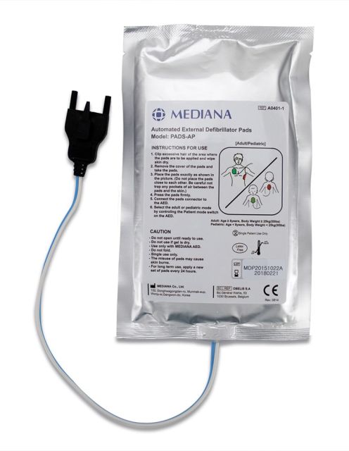 Mediana A15 Defibrillator Pads for use on adults and children - A silver foil packet containing the defibrillator pads. A cable which connects the pads to the defibrillator extends out the bottom of the packet.
