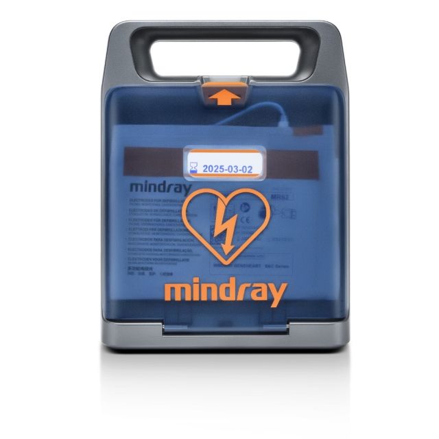 Mindray BeneHeart S1A semi-automatic AED in blue, front view with the lid closed