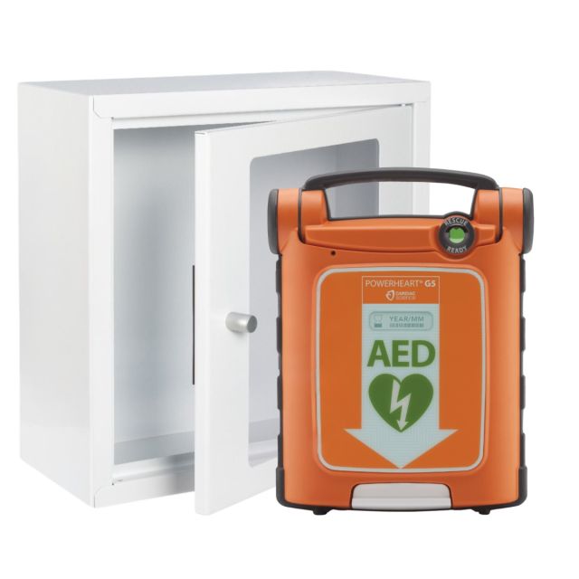 Indoor white metal, alarmed defibrillator cabinet with large viewing window, next to cardiac Science G5 Defibrillator next to Defib Store with Rescue Ready Kit 
