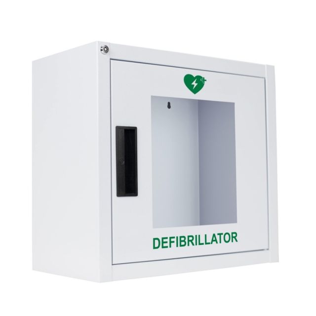 White indoor alarmed defibrillator cabinet with clear acrylic window and green AED sign