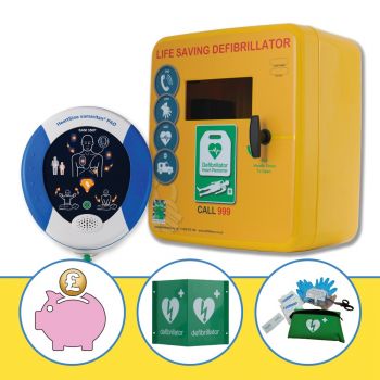 Heartsine 350P semi automatic defibrillator with Defib Store 4000 yellow cabinet