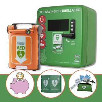 Powerheart G5 fully automatic defibrillator with Defib Store 4000 green cabinet