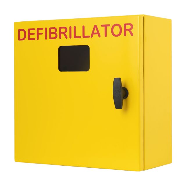 Defib Store 1000 Indoor Defibrillator, Bleed Control or First Aid Cabinet in yellow. A metal cabinet with a black wing handle and viewing window