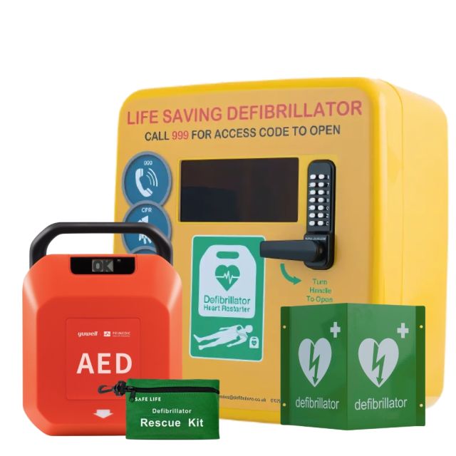 Complete AED and Cabinet Package with Primedic Defibrillator, 3D Wall Sign, and Rescue Ready Kit – UK Public Access