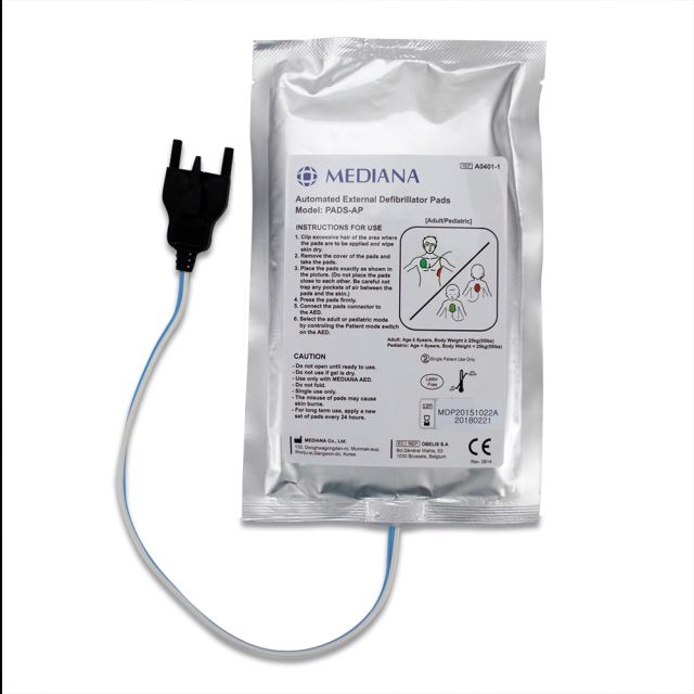 Mediana A15 Defibrillator Pads for use on adults and children - A silver foil packet containing the defibrillator pads. A cable which connects the pads to the defibrillator extends out the bottom of the packet.