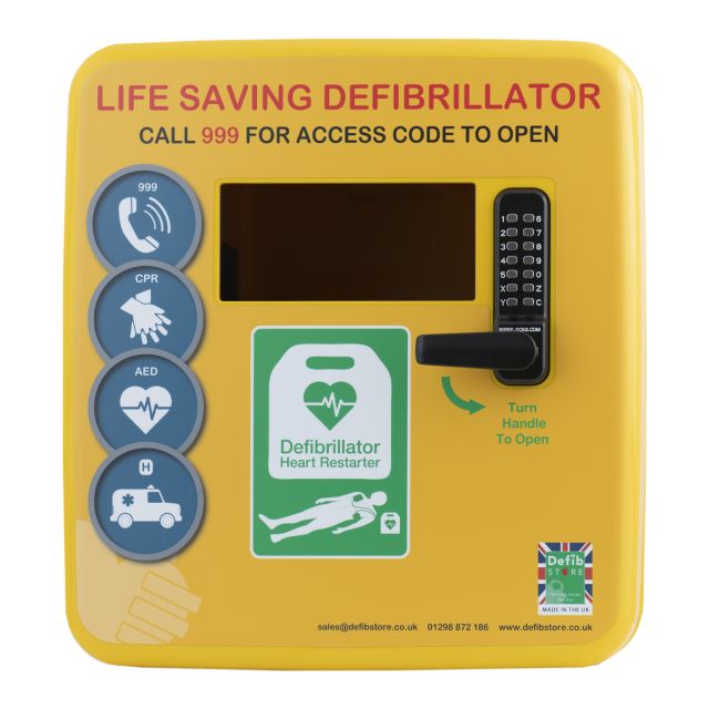 Front façade of yellow, polycarbonate defibrillator cabinet with keypad lock, large viewing window and stages of a rescue graphics