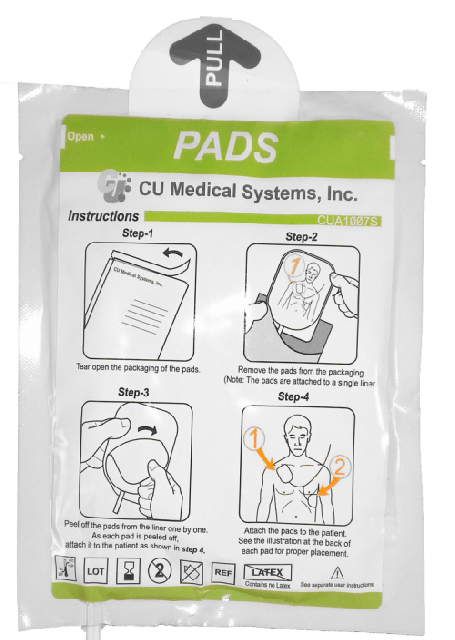 Packaging of the electrode pads for the iPAD SP1 defibrillator showing pad placement on adult patient 