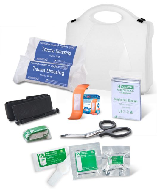 Defib Store Bleed Control Pack showing pack contents:

1 x Guidance note
2 x large trauma dressings
1 x strap tourniquet
1 x Tourniquet (SOF®)
1 x Foil blanket
1 x Tuff Cut Scissors
1 x Box haemostatic plasters
1 x haemostatic dressing (10cm x 1m