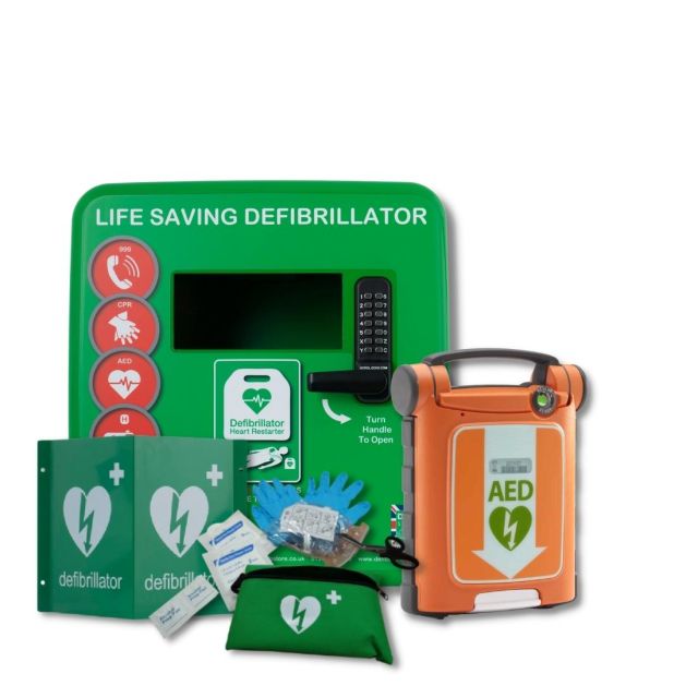 Green Defib Store Locked, Outdoor defibrillator cabinet next to Cardiac Science G5 Semi-Automatic Defibrillator alongside the Defib Store 3D wall sign and rescue ready kit