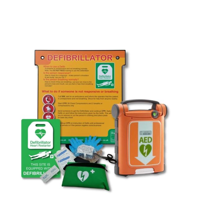Cardiac Science G5 Fully Automatic Defibrillator & Defib Store Indoor Wall Hanger next to Defib Store Rescue Ready Kit and Indoor Defibrillator Wall Sign