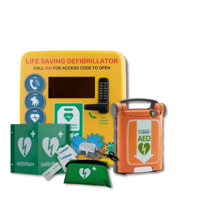 Yellow Defib Store Locked, Outdoor defibrillator cabinet next to Cardiac Science G5 Semi-Automatic Defibrillator alongside the Defib Store 3D wall sign and rescue ready kit
