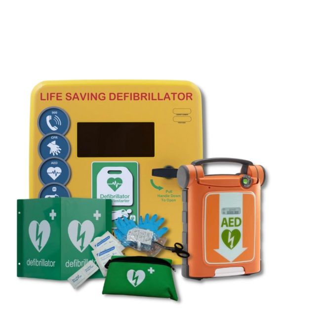 Yellow Defib Store Unlocked, Outdoor defibrillator cabinet next to Cardiac Science G5 Defibrillator next to 3D metal wall sign and Defib Store Rescue Ready Kit