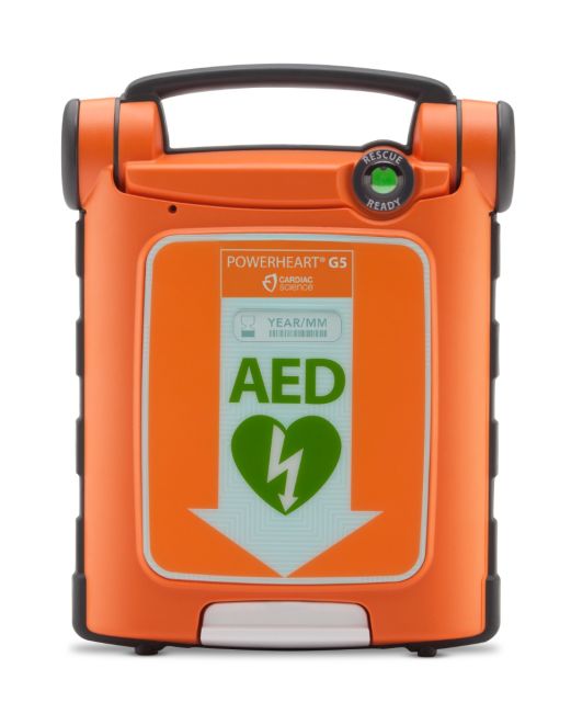 Cardiac Science Powerheart G5 defibrillator (AED) with bright orange casing, digital display screen, and control buttons, designed for quick, easy use during sudden cardiac arrest emergencies.