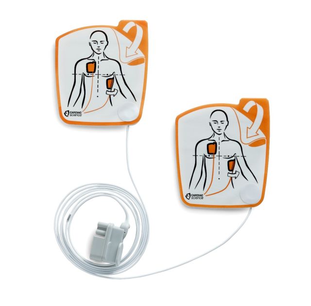 Adult electrode pads for Cardiac Science Powerheart G5 showing pad placement on adult patients