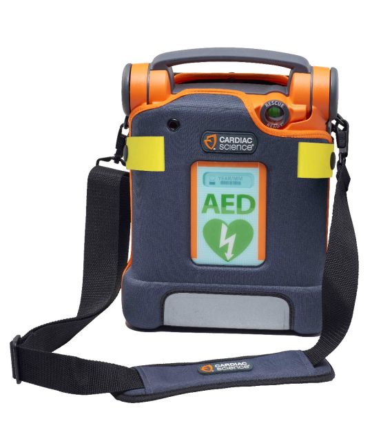Orange Cardiac Science Powerheart G5 Defibrillator in blue and orange stiff carry case with bag strap