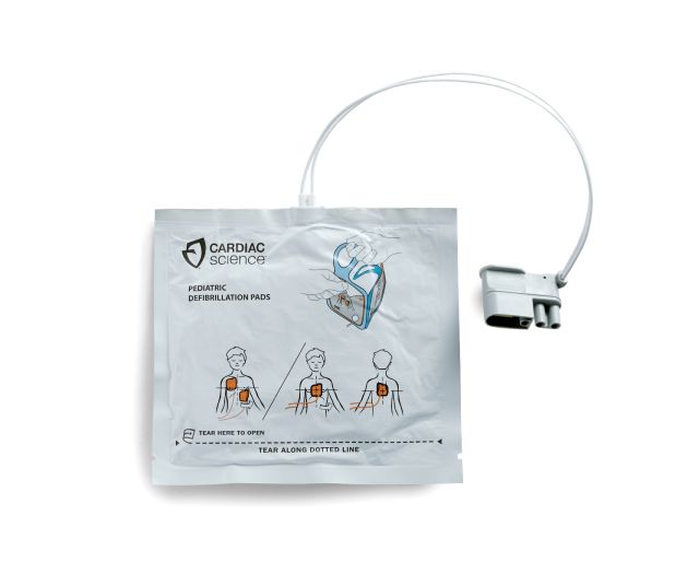 Paediatric electrode pads in the packaging which has graphics showing pad placement on a child patient