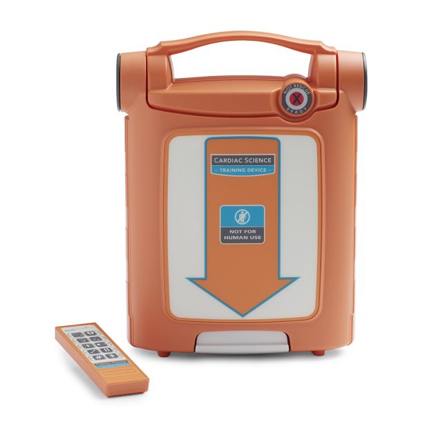 Cardiac Science Powerheart G5 Training Defibrillator in Orange with remote control.