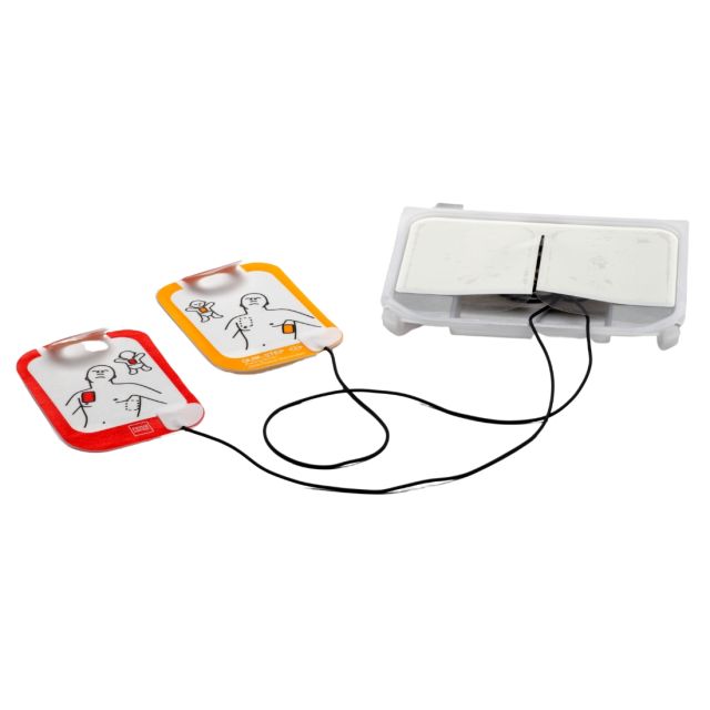 Stryker CR2 Defibrillator Replacement Electrode Pads - Two, rounded rectangular pads; one with an orange boarder and one with a red boarder. This is to differentiate which pad is placed where on the patients chest. Both pads are attached by a black cable 