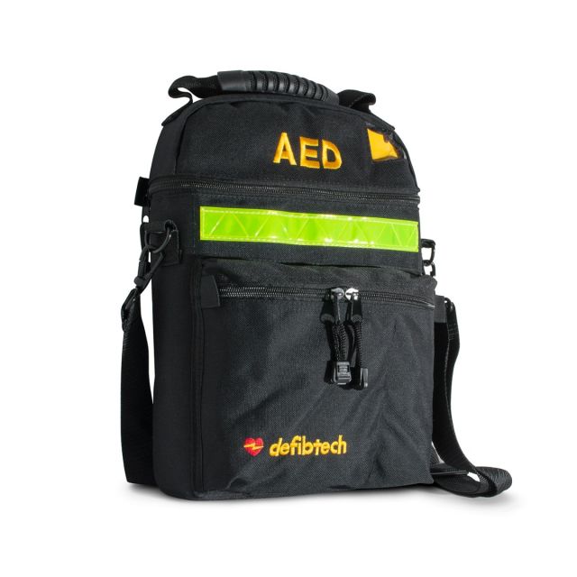Defibtech Lifeline Defibrillator Soft Carry Case in Black, with reflective strip on the front, clear defibrillator inspection window, 'AED' written on the front for 'Automated External Defibrillator', and a front pocket with 'Defibtech' written on the fro