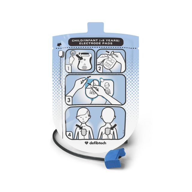 Image of the Defibtech Lifeline AED Paediatric Defibrillator Pads.
The image is of the external packaging of the pads, which shows graphic instructions on how to use the pads on a child patient. Remove the pads from the packaging, unpeal from the backing