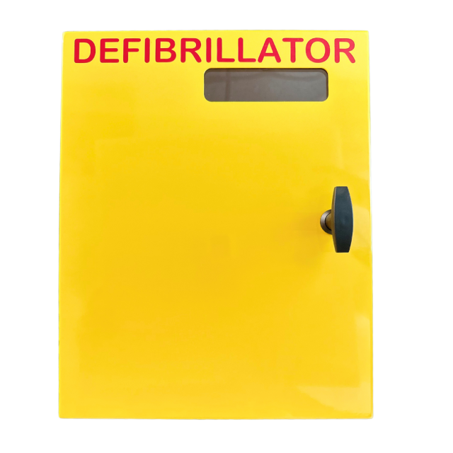 A yellow, metal defibrillator cabinet with 'DEFIBRILLATOR' written across the top in red lettering, and a small, rectangular inspection window for checking the status of the defibrillator inside. It also has a plastic wing handle to open the cabinet witho