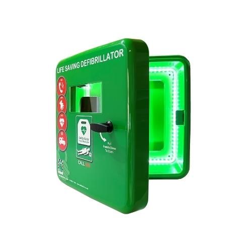 Defib Store 4000 Defibrillator Cabinet in green, unlocked with permanent internal LED light