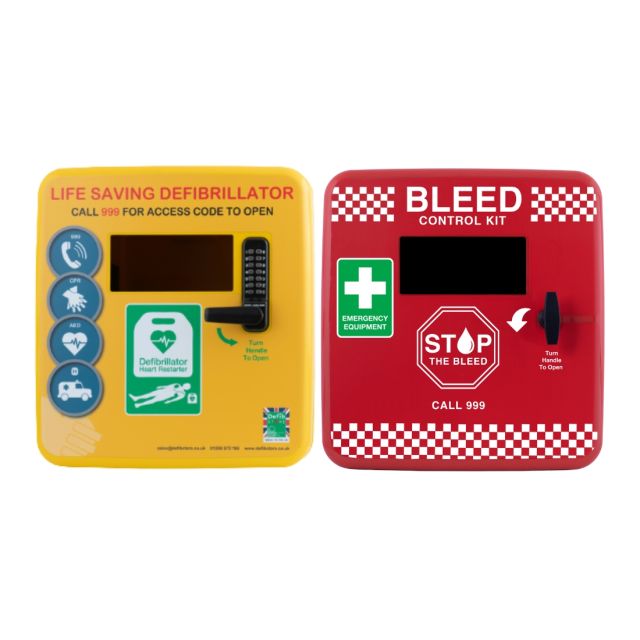 Defib Store, yellow, polycarbonate defibrillator cabinet with keypad lock, large viewing window and stages of a rescue graphics next to Defib Store, red, polycarbonate bleed control cabinet, unlocked, large viewing window and graphic reading 'Stop the Ble