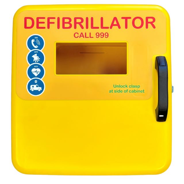 Defib Store 5000 - A yellow, square, defibrillator cabinet. It has a sign on the front that reads 'Defibrillator, call 999'.
The cabinet has a black handle and a viewing window to be able to see the defibrillator stored inside. It also has a clasp on the