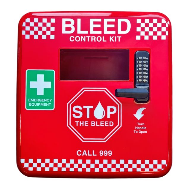 Front face of the Defib Store, polycarbonate bleed control cabinet, locked, with large viewing window and graphic reading 'Stop the Bleed' and 'Emergency Equipment'.