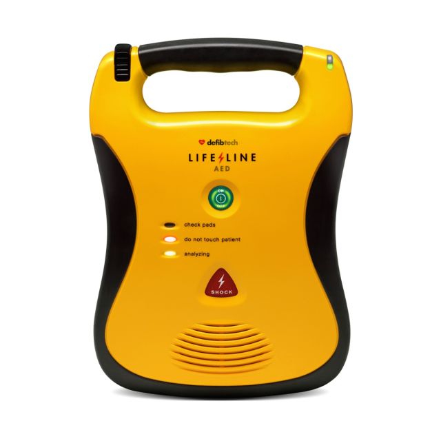 Defibtech Lifeline AED Semi-Automatic defibrillator - a yellow public access defibrillator with black, rubberised sides, bottom and handle for rugged use and shock absorption. 
