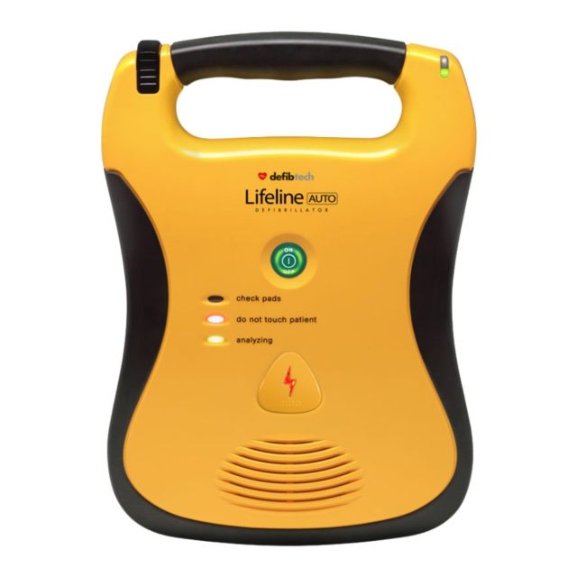 Defibtech Lifeline AUTO AED front view showing single oversized green power button and status indicator light