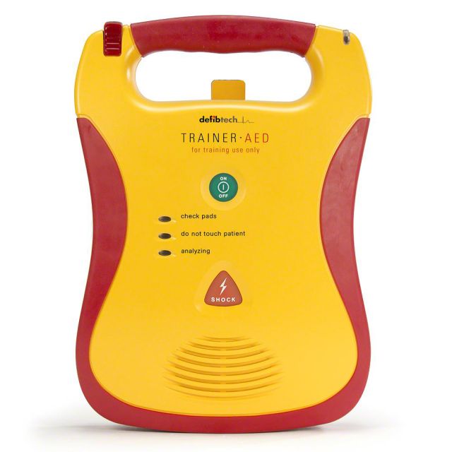 Defibtech Lifeline Training Defibrillator AED. A yellow and red automated external defibrillator for use when training first responders and rescuers on how to use the defibrillator in emergency situations.