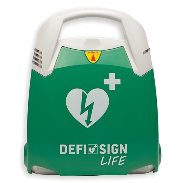 Front view of the DefiSign fully automatic defibrillator showing simple, user-friendly design