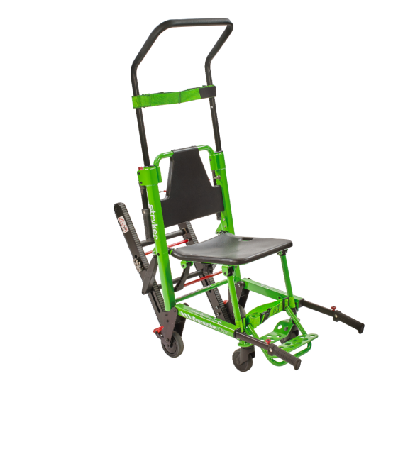 The Stryker Emergency Evacuation chair - 

A green, metal-framed chair with back and feet supports. The chair has an extended handle above the head position of the person being transported, to allow the transporter to leverage their weight backwards, ov