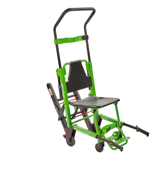 The Stryker Emergency Evacuation chair - 

A green, metal-framed chair with back and feet supports. The chair has an extended handle above the head position of the person being transported, to allow the transporter to leverage their weight backwards, ov