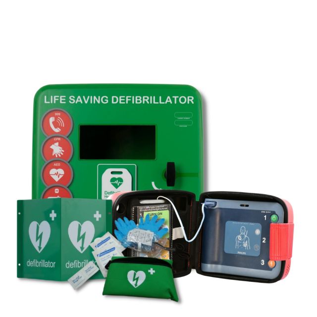 Philips FRx Semi-Automatic Defibrillator next to Yellow, Defib Store 4000 Unlocked Outdoor Defibrillator Cabinet next to 3D Metal Outdoor Defibrillator Wall Sign and Defib Store Rescue ready Kit