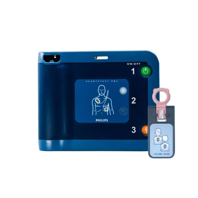 Philips Heartstart FRx Semi Automatic defibrillator with the dedicated paediatric/child key for use with child patients suffering from sudden cardiac arrest