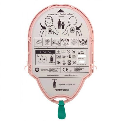The Heartsine Samaritan Paediatric electrode pads and battery unit showing diagrams for pad placement on child patient