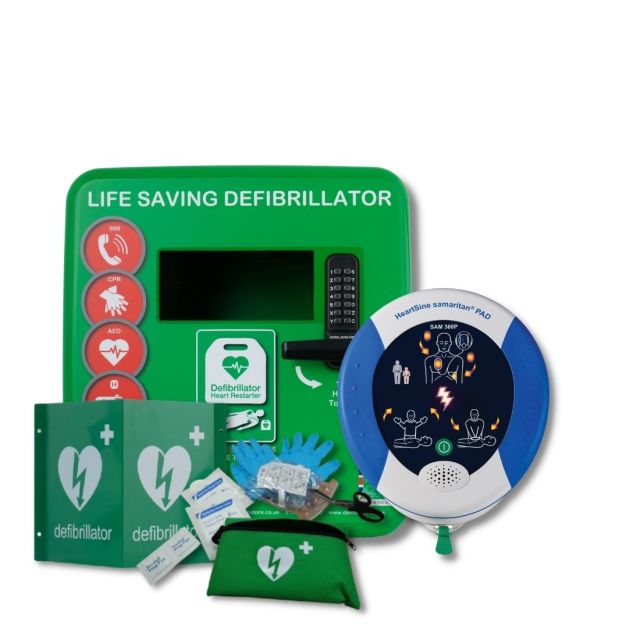 Green Defib Store Locked, Outdoor defibrillator cabinet next to Heartsine Samaritan PAD 350P defibrillator in carry case and 3D outdoor Defibrillator wall sign and Defib Store Rescue Ready Kit.