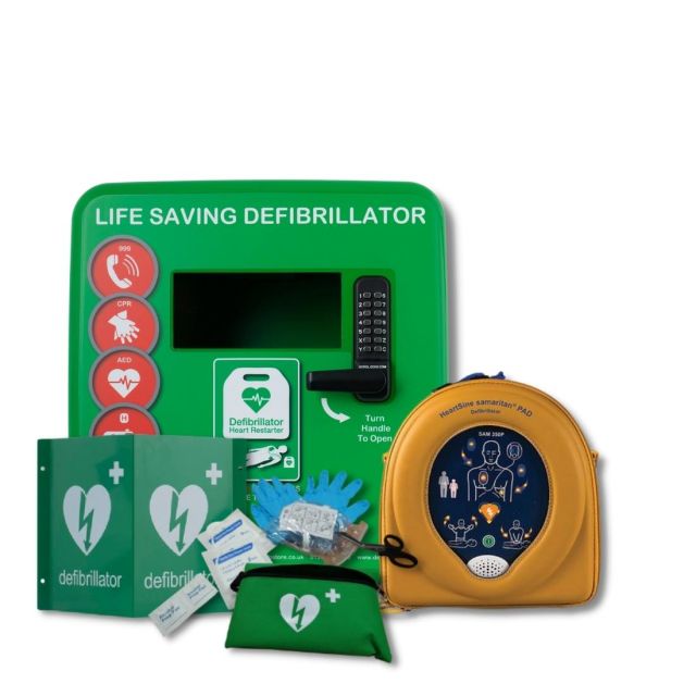 Green Defib Store Locked, Outdoor defibrillator cabinet next to Heartsine Samaritan PAD 350P defibrillator in carry case and 3D outdoor Defibrillator wall sign and Defib Store Rescue Ready Kit.