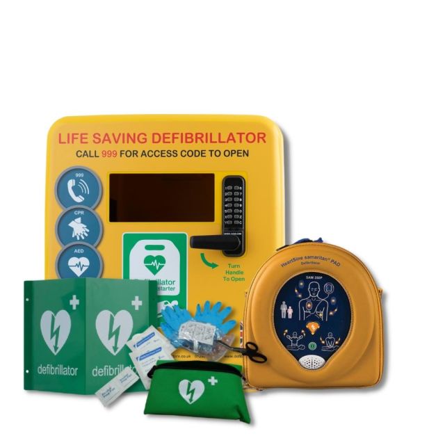 Yellow Defib Store Locked, Outdoor defibrillator cabinet next to Heartsine Samaritan PAD 360P defibrillator in carry case and 3D outdoor Defibrillator wall sign and Defib Store Rescue Ready Kit.
