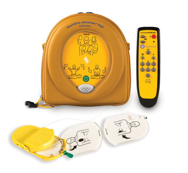 Heartsine 360P Automated External Defibrillator (AED) training unit with electrode pads and detailed instructional graphics isolated on white background with remote control