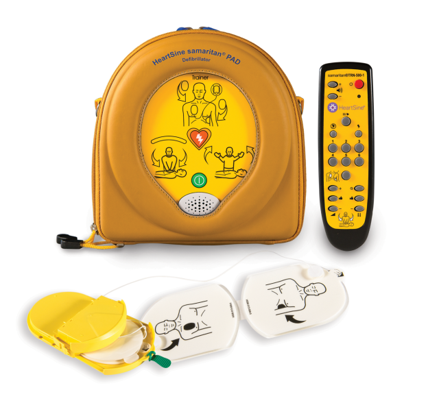 Heartsine 500P Automated External Defibrillator (AED) training unit with electrode pads and detailed instructional graphics isolated on white background with remote control