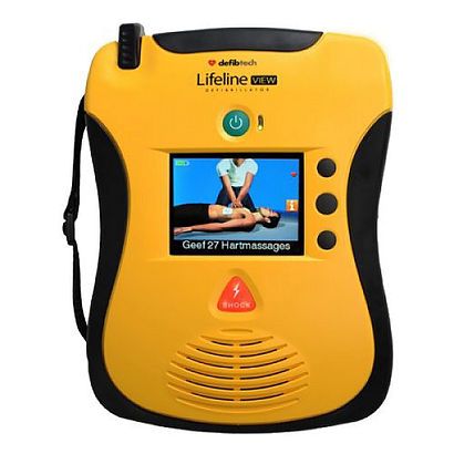 Yellow defibrillator with screen showing CPR and chest compressions
