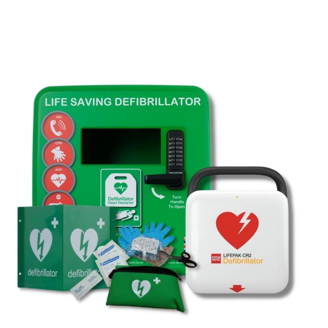 Public access defibrillator green Defib Store cabinet with keypad for emergency access, and various defibrillation equipment including a LIFEPAK CR2 defibrillator, AED wall sign, first-aid supplies, and an information kit