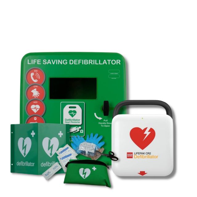 Public access defibrillator green Defib Store cabinet with wing handle for emergency access, and various defibrillation equipment including a LIFEPAK CR2 defibrillator, AED wall sign, first-aid supplies, and an information kit